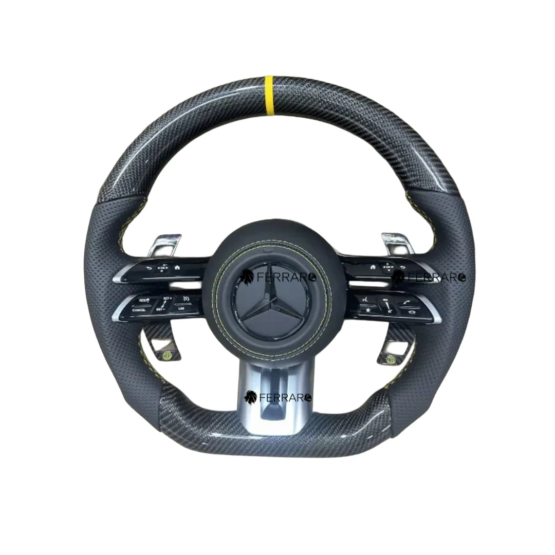 Volante per Mercedes, Carbonio Diagonale, Logo Nero, Punzonatura Nera, Palette Carbonio Gialle +-, Linea Gialla, AMG