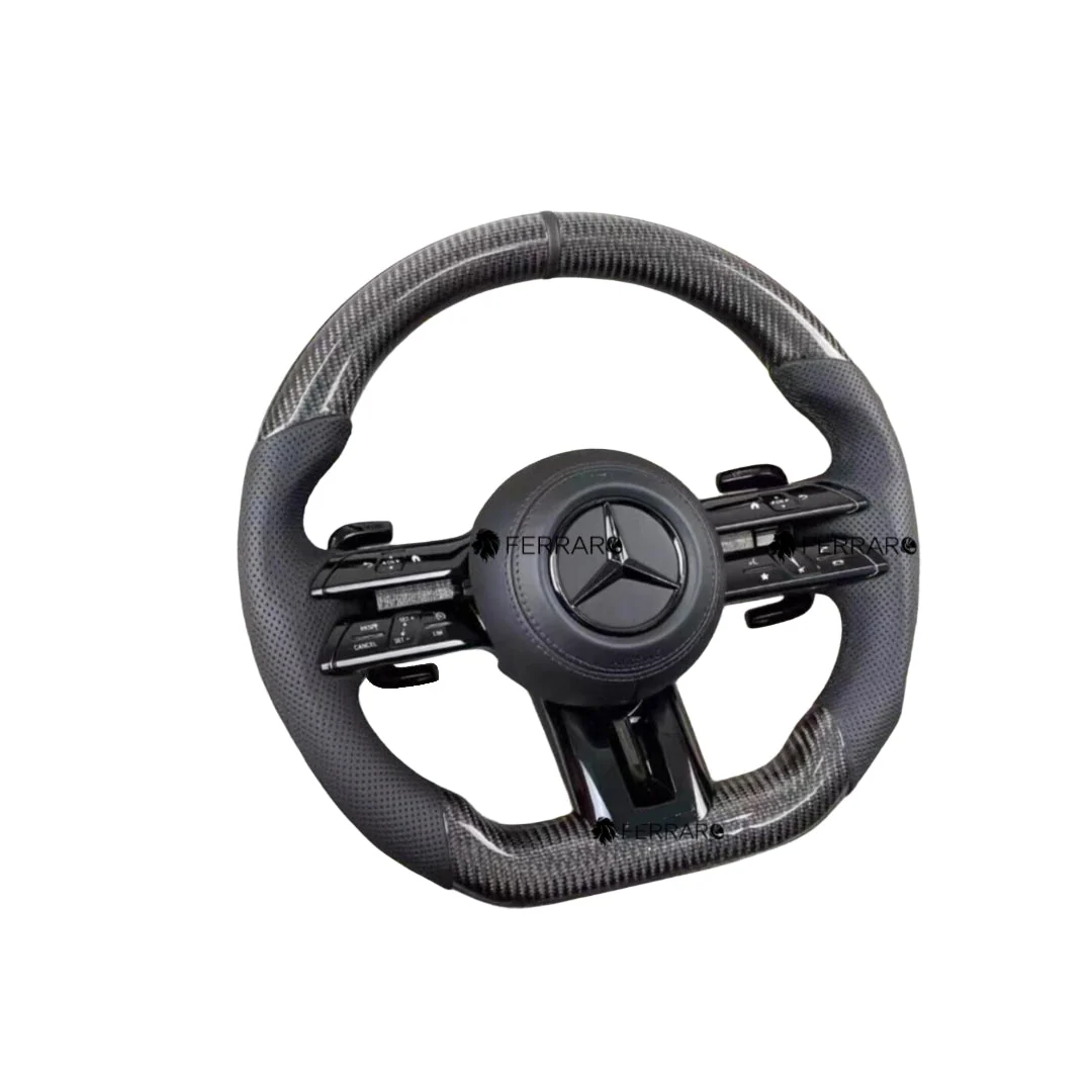Volante per Mercedes, Carbonio Nero, Logo Nero, Perforata, Linea Nera, AMG