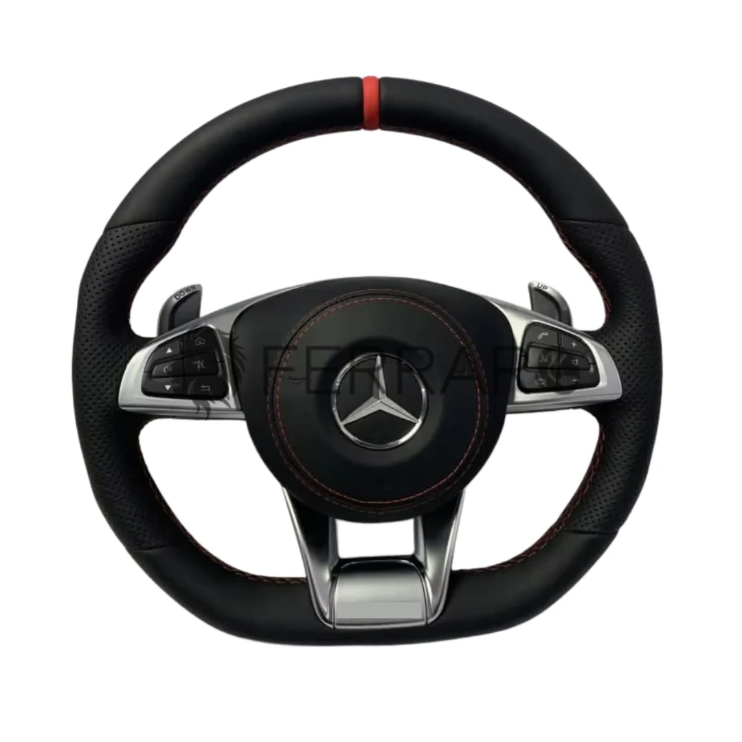 Volante per Mercedes, Nero, Filo Nero, Linea Rossa, Perforato