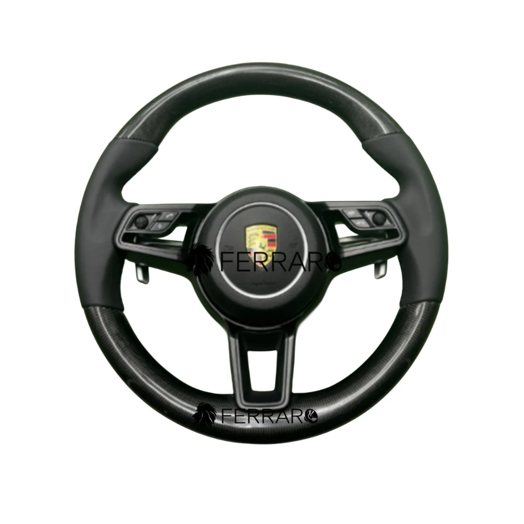 Volante per Porsche, Carbonio Diagonale, Paletta Corta, Senza Etichetta, Pelle Nera, Filo Nero